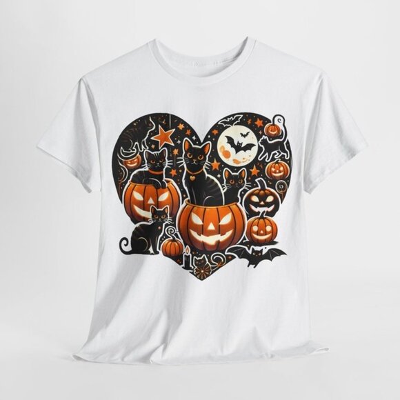 Tops - Cat Pumpkin Heart Halloween Shirt, Cute Halloween T-Shirt
